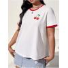 imageWomens Cherry Embroidery Print Shirt Contrast Color Neck Tee Short Sleeve Graphic Casual T Shirt Summer Tee TopsWhite With Red