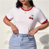 imageWomens Cherry Embroidery Print Shirt Contrast Color Neck Tee Short Sleeve Graphic Casual T Shirt Summer Tee TopsWhite With Red
