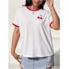 imageWomens Cherry Embroidery Print Shirt Contrast Color Neck Tee Short Sleeve Graphic Casual T Shirt Summer Tee TopsWhite With Red