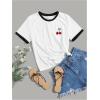 imageWomens Cherry Embroidery Print Shirt Contrast Color Neck Tee Short Sleeve Graphic Casual T Shirt Summer Tee TopsWhite and Black