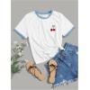 imageWomens Cherry Embroidery Print Shirt Contrast Color Neck Tee Short Sleeve Graphic Casual T Shirt Summer Tee TopsWhite and Blue