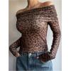 imageWomens Leopard Off The Shoulder T Shirt Long Sleeve Slim Fit Cheetah Y2K Tee Going Out TopsCoffee Brown