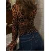 imageWomens Leopard Sheer Tops Bell Sleeve Tie Front V Neck T Shirt Vintage Party Y2K Clothes Going Out TopBrown