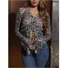 imageWomens Leopard Sheer Tops Bell Sleeve Tie Front V Neck T Shirt Vintage Party Y2K Clothes Going Out TopGrey