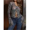 imageWomens Leopard Sheer Tops Bell Sleeve Tie Front V Neck T Shirt Vintage Party Y2K Clothes Going Out TopGrey