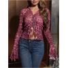 imageWomens Leopard Sheer Tops Bell Sleeve Tie Front V Neck T Shirt Vintage Party Y2K Clothes Going Out TopPink