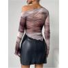 imageWomens Off Shoulder Tie Dye Mesh T Shirt Long Sleeve Asymmetrical Hem Ruched Fitted Tee TopsDusty Purple