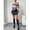imageWomens Off Shoulder Tie Dye Mesh T Shirt Long Sleeve Asymmetrical Hem Ruched Fitted Tee TopsDusty Purple