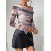 imageWomens Off Shoulder Tie Dye Mesh T Shirt Long Sleeve Asymmetrical Hem Ruched Fitted Tee TopsDusty Purple
