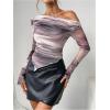 imageWomens Off Shoulder Tie Dye Mesh T Shirt Long Sleeve Asymmetrical Hem Ruched Fitted Tee TopsDusty Purple