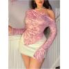 imageWomens Off Shoulder Tie Dye Mesh T Shirt Long Sleeve Asymmetrical Hem Ruched Fitted Tee TopsFloral Pink