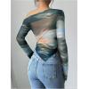 imageWomens Off Shoulder Tie Dye Mesh T Shirt Long Sleeve Asymmetrical Hem Ruched Fitted Tee TopsGreen
