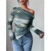 imageWomens Off Shoulder Tie Dye Mesh T Shirt Long Sleeve Asymmetrical Hem Ruched Fitted Tee TopsGreen