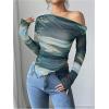 imageWomens Off Shoulder Tie Dye Mesh T Shirt Long Sleeve Asymmetrical Hem Ruched Fitted Tee TopsGreen
