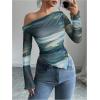 imageWomens Off Shoulder Tie Dye Mesh T Shirt Long Sleeve Asymmetrical Hem Ruched Fitted Tee TopsGreen