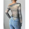 imageWomens Off Shoulder Tie Dye Mesh T Shirt Long Sleeve Asymmetrical Hem Ruched Fitted Tee TopsLight Blue