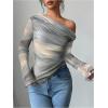 imageWomens Off Shoulder Tie Dye Mesh T Shirt Long Sleeve Asymmetrical Hem Ruched Fitted Tee TopsLight Blue