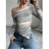 imageWomens Off Shoulder Tie Dye Mesh T Shirt Long Sleeve Asymmetrical Hem Ruched Fitted Tee TopsLight Blue