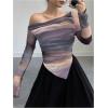 imageWomens Off Shoulder Tie Dye Mesh T Shirt Long Sleeve Asymmetrical Hem Ruched Fitted Tee TopsLight Purple