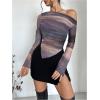 imageWomens Off Shoulder Tie Dye Mesh T Shirt Long Sleeve Asymmetrical Hem Ruched Fitted Tee TopsLight Purple