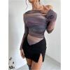 imageWomens Off Shoulder Tie Dye Mesh T Shirt Long Sleeve Asymmetrical Hem Ruched Fitted Tee TopsLight Purple