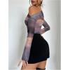 imageWomens Off Shoulder Tie Dye Mesh T Shirt Long Sleeve Asymmetrical Hem Ruched Fitted Tee TopsLight Purple