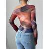 imageWomens Off Shoulder Tie Dye Mesh T Shirt Long Sleeve Asymmetrical Hem Ruched Fitted Tee TopsMix Red