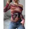 imageWomens Off Shoulder Tie Dye Mesh T Shirt Long Sleeve Asymmetrical Hem Ruched Fitted Tee TopsMix Red