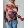 imageWomens Off Shoulder Tie Dye Mesh T Shirt Long Sleeve Asymmetrical Hem Ruched Fitted Tee TopsMix Red