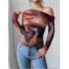 imageWomens Off Shoulder Tie Dye Mesh T Shirt Long Sleeve Asymmetrical Hem Ruched Fitted Tee TopsMix Red