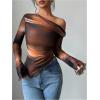 imageWomens Off Shoulder Tie Dye Mesh T Shirt Long Sleeve Asymmetrical Hem Ruched Fitted Tee TopsMulticolor