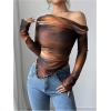 imageWomens Off Shoulder Tie Dye Mesh T Shirt Long Sleeve Asymmetrical Hem Ruched Fitted Tee TopsMulticolor