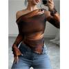 imageWomens Off Shoulder Tie Dye Mesh T Shirt Long Sleeve Asymmetrical Hem Ruched Fitted Tee TopsMulticolor