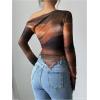 imageWomens Off Shoulder Tie Dye Mesh T Shirt Long Sleeve Asymmetrical Hem Ruched Fitted Tee TopsMulticolor
