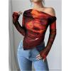imageWomens Off Shoulder Tie Dye Mesh T Shirt Long Sleeve Asymmetrical Hem Ruched Fitted Tee TopsOrange and Black