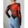 imageWomens Off Shoulder Tie Dye Mesh T Shirt Long Sleeve Asymmetrical Hem Ruched Fitted Tee TopsOrange and Black