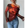 imageWomens Off Shoulder Tie Dye Mesh T Shirt Long Sleeve Asymmetrical Hem Ruched Fitted Tee TopsOrange and Black