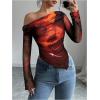 imageWomens Off Shoulder Tie Dye Mesh T Shirt Long Sleeve Asymmetrical Hem Ruched Fitted Tee TopsOrange and Black