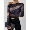 imageWomens Off Shoulder Tie Dye Ruched T Shirt Long Sleeve Slim Fit Going Out Tee TopsBrown
