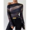 imageWomens Off Shoulder Tie Dye Ruched T Shirt Long Sleeve Slim Fit Going Out Tee TopsBrown