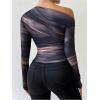 imageWomens Off Shoulder Tie Dye Ruched T Shirt Long Sleeve Slim Fit Going Out Tee TopsBrown