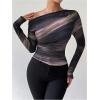 imageWomens Off Shoulder Tie Dye Ruched T Shirt Long Sleeve Slim Fit Going Out Tee TopsBrown