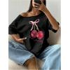 imageWomens Off The Shoulder Tops Floral Graphic Oversized Tshirts Shirts Y2k Summer Tops TrendyCherry Black