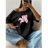 imageWomens Off The Shoulder Tops Floral Graphic Oversized Tshirts Shirts Y2k Summer Tops TrendyFloral Black