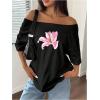 imageWomens Off The Shoulder Tops Floral Graphic Oversized Tshirts Shirts Y2k Summer Tops TrendyFloral Black