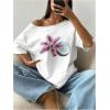 imageWomens Off The Shoulder Tops Floral Graphic Oversized Tshirts Shirts Y2k Summer Tops TrendyFlower White