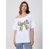 imageWomens Off The Shoulder Tops Floral Graphic Oversized Tshirts Shirts Y2k Summer Tops TrendyWhite Green Bow