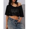 imageWomens Off The Shoulder Tops Graphic Goth Tee Y2k Vintage Asymmetrical Neck Oversized T ShirtsDeep Black