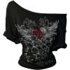 imageWomens Off The Shoulder Tops Graphic Goth Tee Y2k Vintage Asymmetrical Neck Oversized T ShirtsPatterned Black