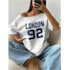 imageWomens Oversized Off The Shoulder Graphic Tees Letter Bow Print Short Sleeve T Shirt Y2K TopsBlue Number